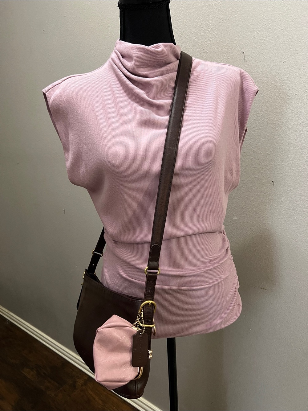 Michael Stars Amara Mock Neck Power Shoulder Top Mauve Pink Size S